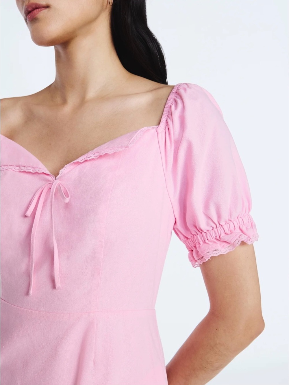 Pretty Pink Midi Dress with Puff Sleeves and Tie Front - Picture 4 of 9